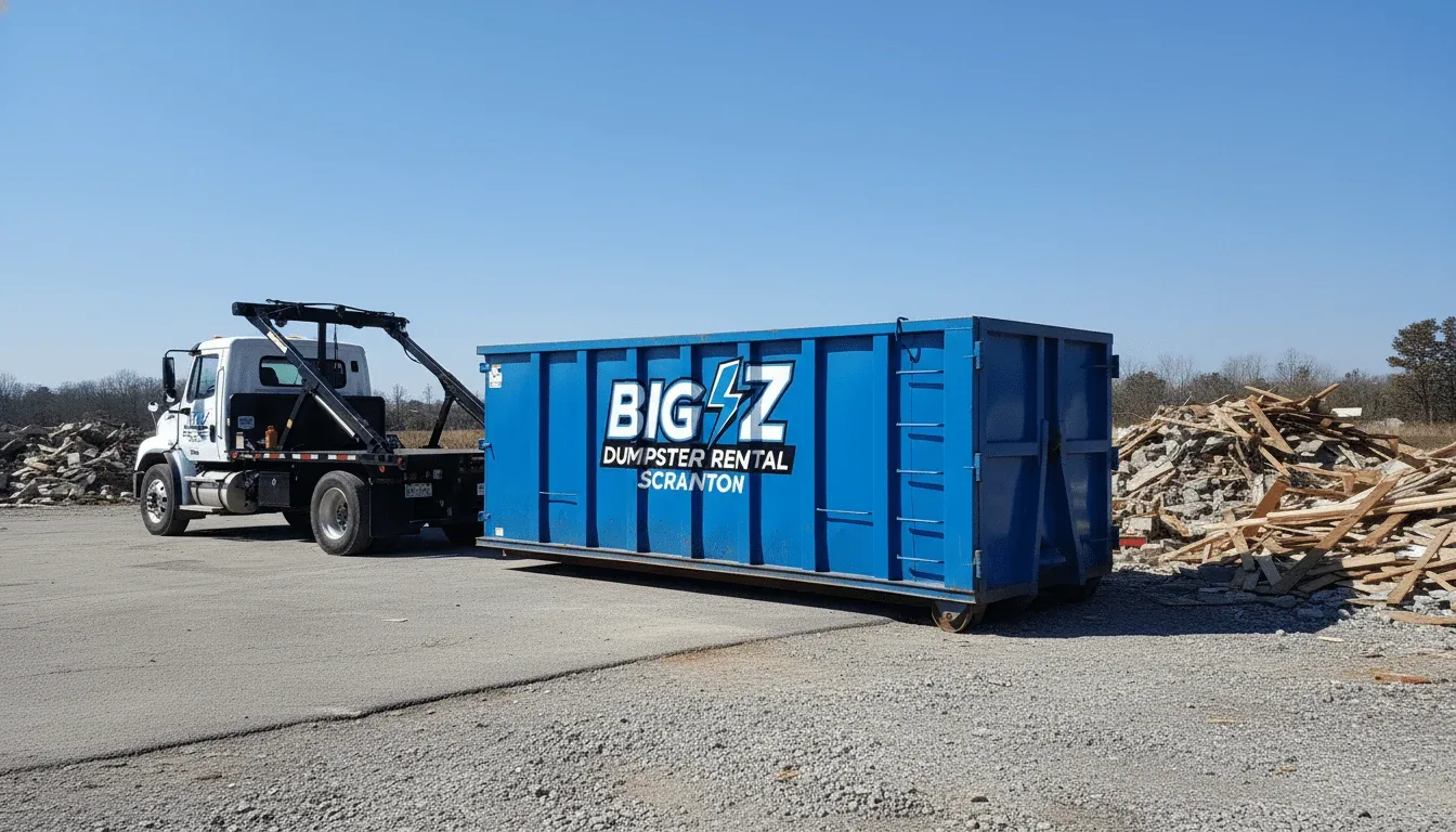 Big Z Dumpster Rental crew standing with a roll-off truck and 30 yard dumpster in a Scranton, PA driveway Big Z Dumpster Rental crew standing with a roll-off truck and 30 yard dumpster in a Scranton, PA driveway