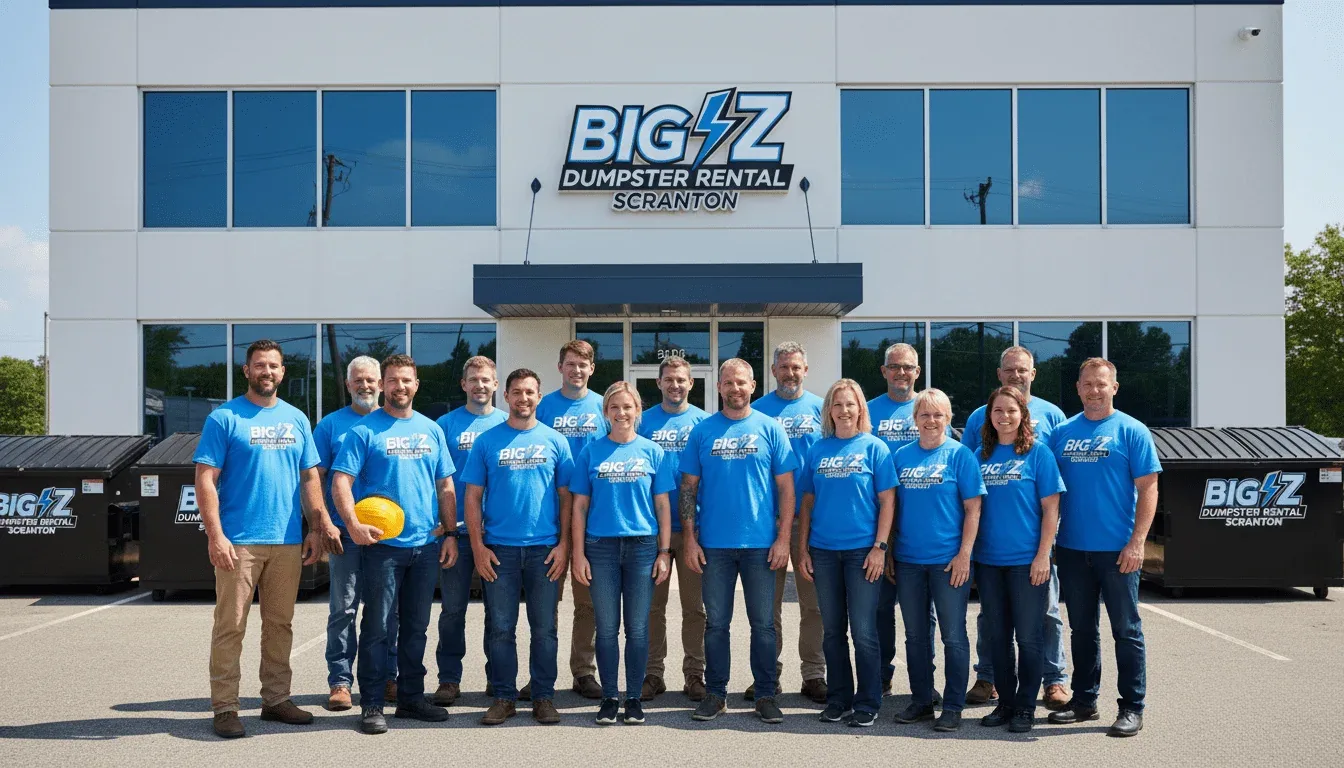 Big Z Dumpster Rental team in high-visibility vests at the Scranton yard Big Z Dumpster Rental team in high-visibility vests at the Scranton yard