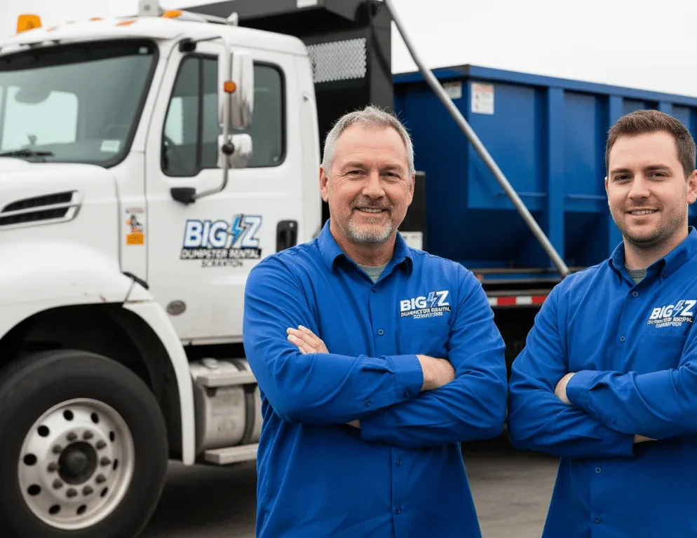 Big Z Dumpster Rental crew beside a roll-off truck loaded with a 15 yard container in Scranton, PA