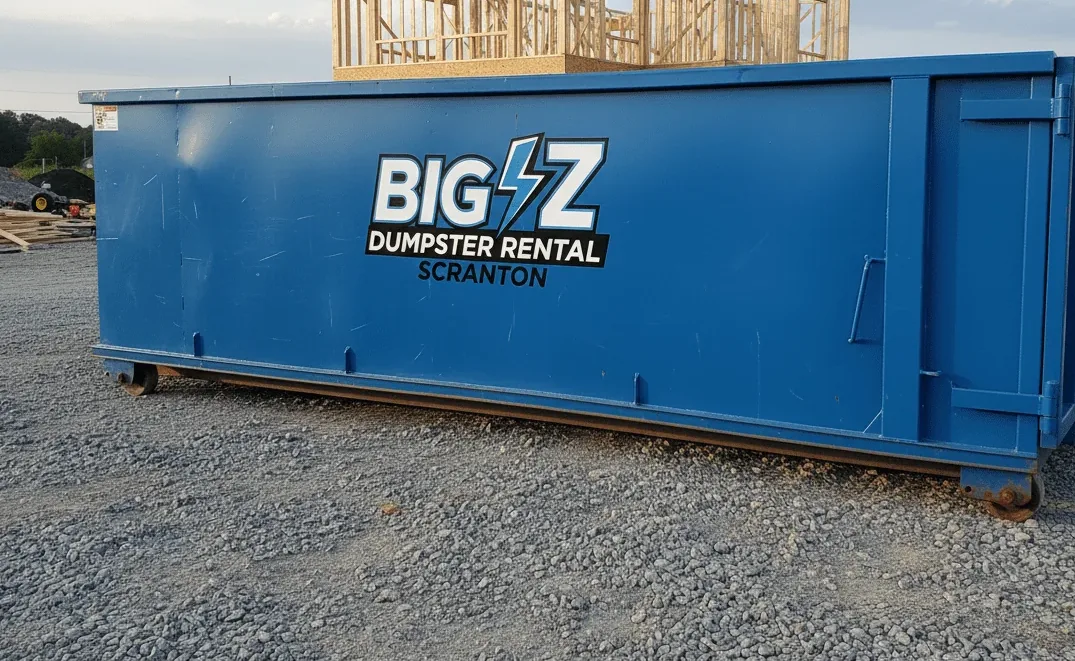 Roll-off dumpster parked in a Scranton driveway on protection boards during a full basement junk removal cleanout