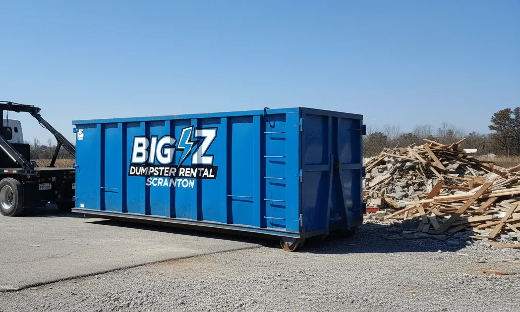 Roll-off truck delivering a 30 yard dumpster on a residential street in Scranton, PA